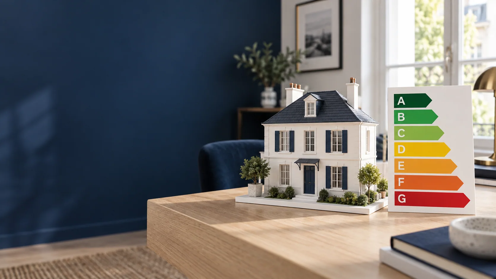 Maquette de maison accompagnée des classes énergétiques DPE de A à G